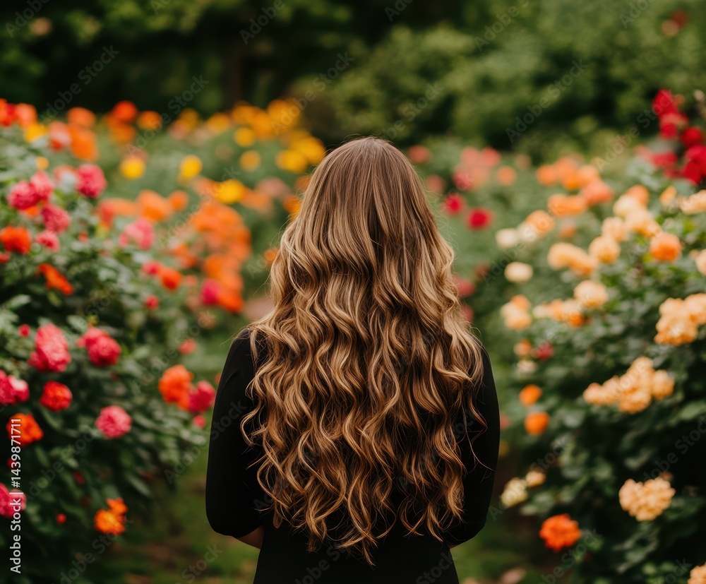 Naklejka premium Woman in Black Dress Amidst Colorful Flower Garden