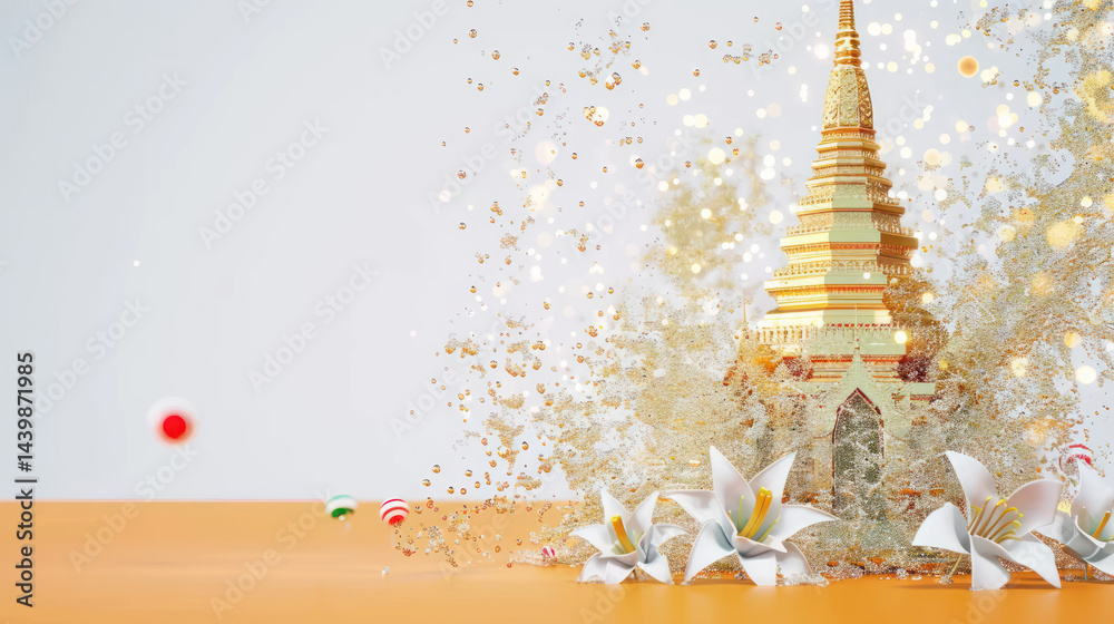 Golden temple model with white lilies and sparkling background for festive celebrations and creative designs in bright and vivid colors Golden temple model with white lilies and sparkling background for festive celebrations and creative designs in bright and vivid colors