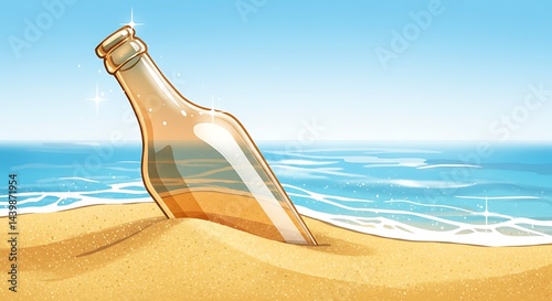 Artistic depiction of a bottle partially buried in the sandy shoreline by the ocean
