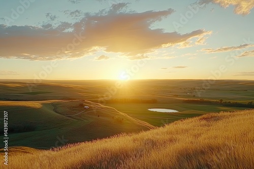 Golden sunset over rolling hills photo