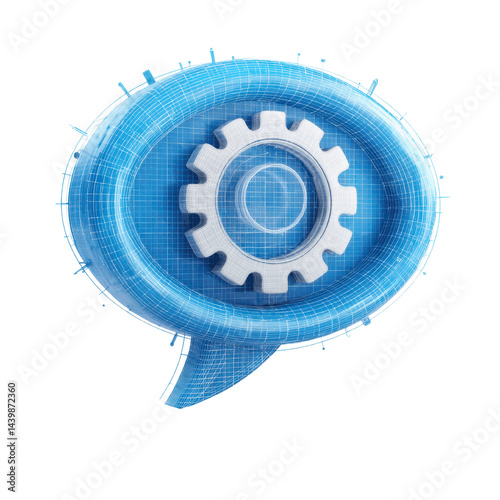 3D Render of a Blue Wireframe Speech Bubble with a Gear Inside, Representing Innovation,