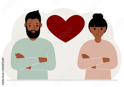 Happy man and woman next to a big red heart. Vector flat illustration of love.