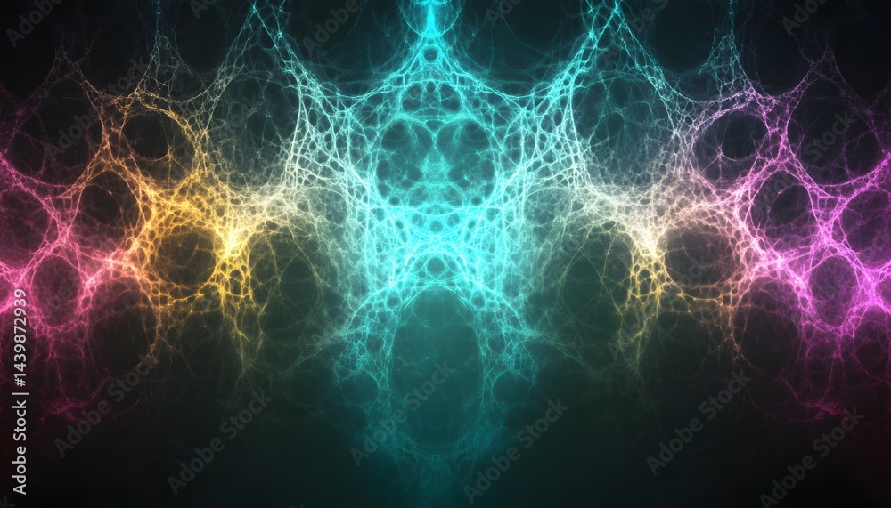 Symmetrical artwork showing neon glowing connected circular web patterns Symmetrical artwork showing neon glowing connected circular web patterns