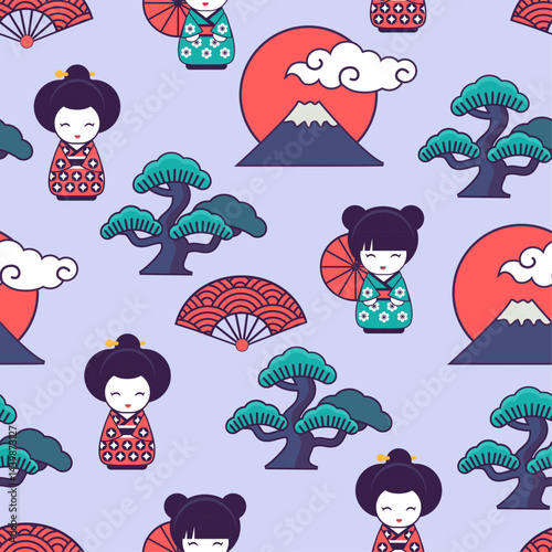 japanese vector seamless  pattern  with cute kokeshi dolls