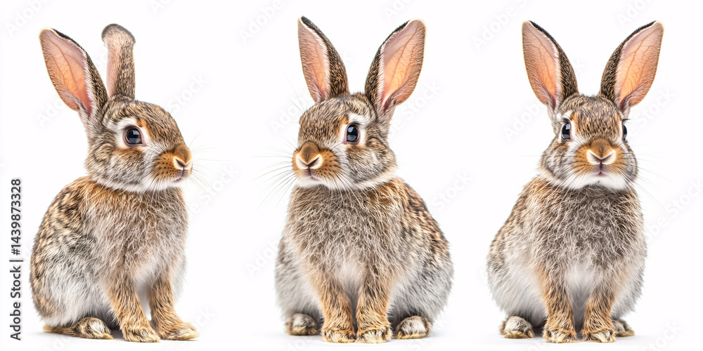 Fototapeta premium Three lovely brown rabbits sit against a white backdrop,