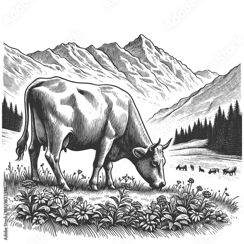 cow grazing in an alpine meadow, with mountains, a farmhouse, and wildflowers in the background, drawn in an engraved style sketch engraving generative ai vector. Scratch board. Black and white image.