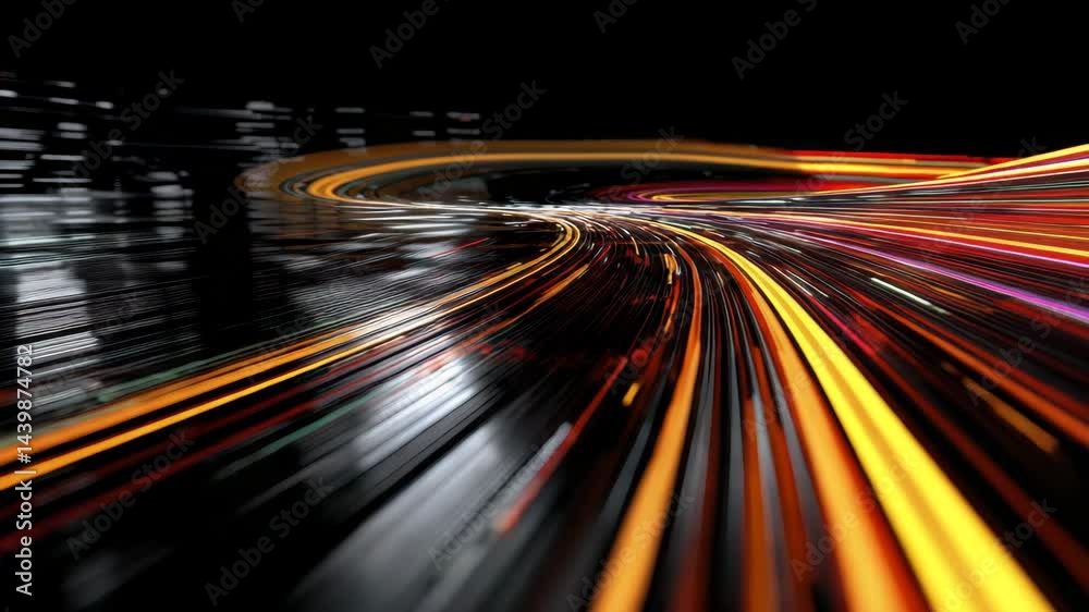 Abstract motion blur of vibrant orange, yellow, and red streaks of light against a black background. Dynamic energy and speed are depicted through long exposure photography. Abstract motion blur of vibrant orange, yellow, and red streaks of light against a black background. Dynamic energy and speed are depicted through long exposure photography.