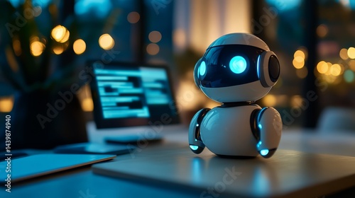 Modern office cozy ambiance and futuristic robot technology