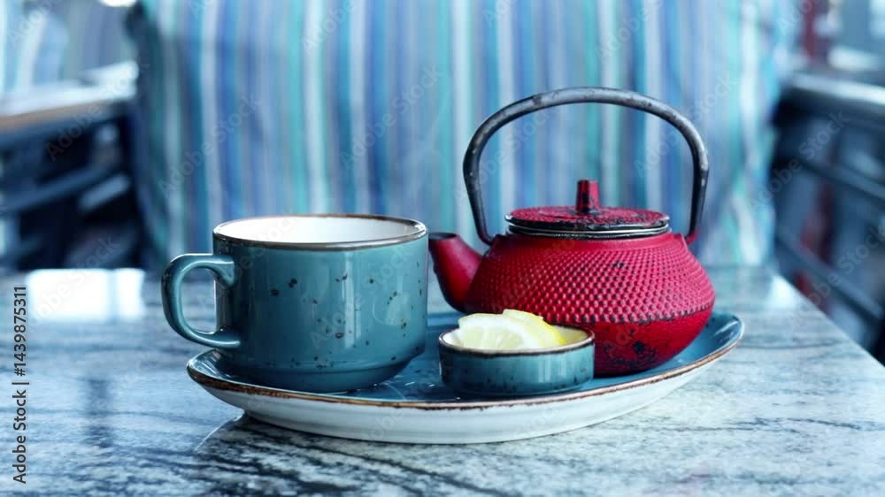 A red teapot sits beside a blue cup on a marble table at a cozy cafe. A small dish holds lemon slices. The atmosphere is calm and inviting, perfect for enjoying tea. Herbal natural tea