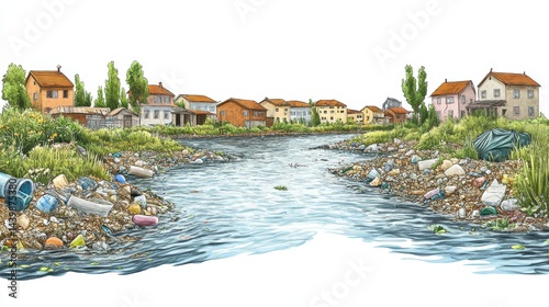 Pollution in River with Trash and Waste Near Residential Area
