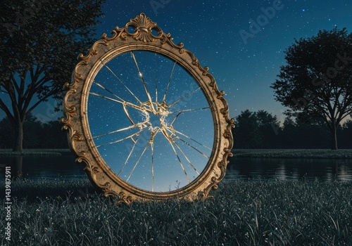 Wallpaper Mural A cracked gold-framed mirror on dewy grass, surrounded by wildflowers under a starry moonlit sky. Torontodigital.ca