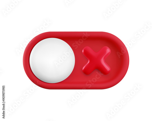 Vector cartoon 3d turn off switch button. Minimal realistic 3d red toggle switch slider with white button and red cross. Setting toggle design element, off tumbler for mobile app interface, web.