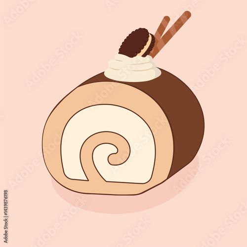 Cute kawaii tiramisu Swiss roll cake vector illustration filled with mascarpone cream, topped with whipped cream, a chocolate cookie and crispy wafer sticks, perfect for bakery menus, dessert designs.