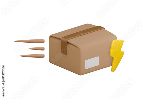 Vector cartoon 3d flash cargo delivery concept. Realistic 3d render of closed carton box with lightning bolt icon. Flash sale, fast parcel delivery service concept, quick logistic, mail shipping.