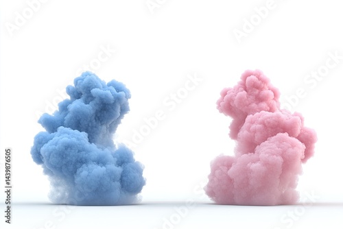Pastel blue and pink smoke plumes on white