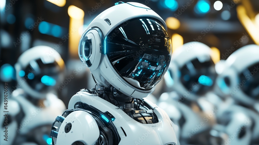 Fototapeta premium Futuristic robots showcase tech lab digital art sci-fi environment close-up view innovation concept