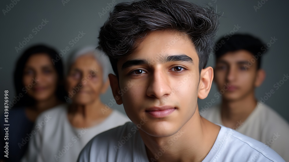 Fototapeta premium Young Boy Portrait with Family Members in Soft Focus Background, Emphasizing Generational Connection