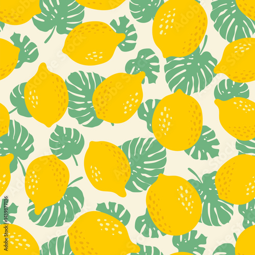 Vector lemon and palm leaves seamless pattern. Tropical fruit exotic summer print. Hand drawn yellow whole lemons and monstera leaf background. Citrus texture for wrapping, textile, decoration, fabric