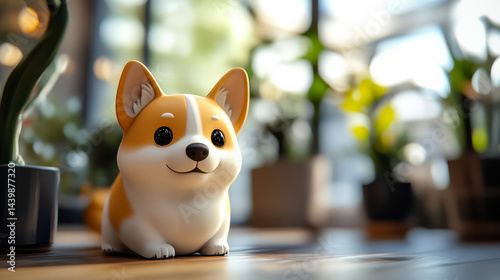 Cute corgi figurine in a bright indoor garden decorative object cozy atmosphere playful view
