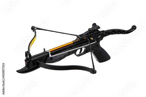 A sleek black pistol-style crossbow with sturdy metal parts and a loaded bolt, isolated against a clean white backdrop.