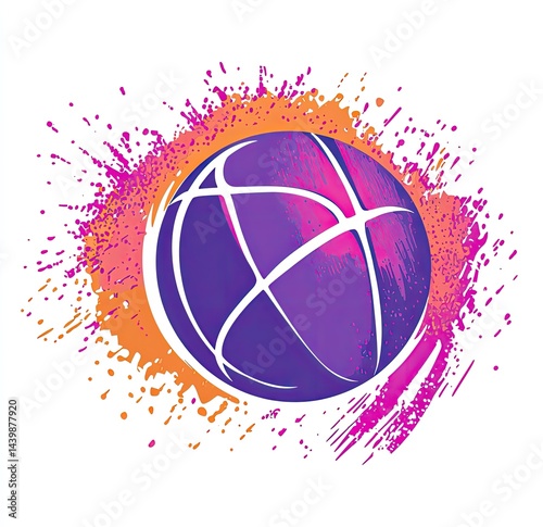 Purple basketball encircled by an orange and pink paint splatter