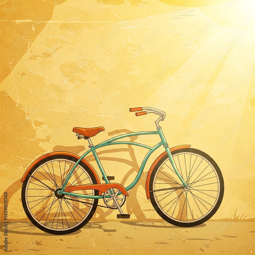 Fototapeta premium Vintage Cruiser Bike Illustration. Retro bicycle leaning on sunny wall, aged paper texture. Summer graphic for leisure & transportation concept