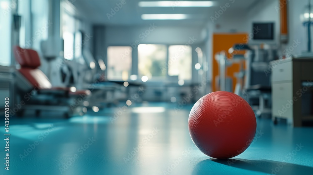Fototapeta premium Dynamic red ball in a rehabilitation center sports activity modern environment indoor view