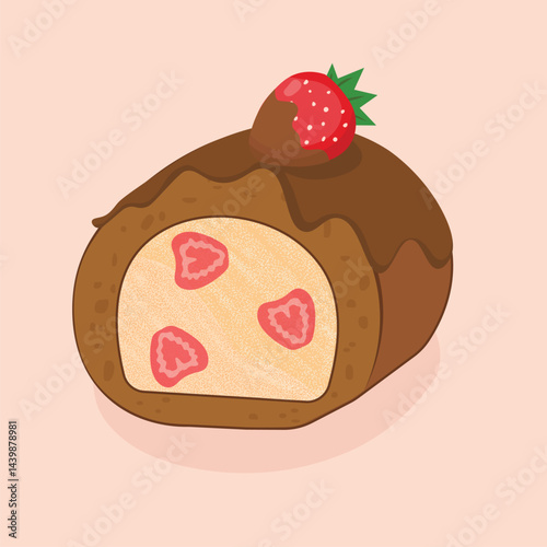 Cute chocolate strawberry Swiss roll cake vector illustration featuring creamy filling, fresh strawberries inside, chocolate coating, and a chocolate-dipped strawberry topping.