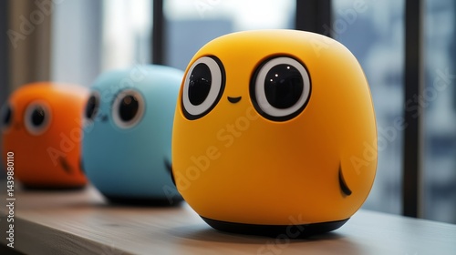Cute robot toys displayed in modern office creative environment fun perspective
