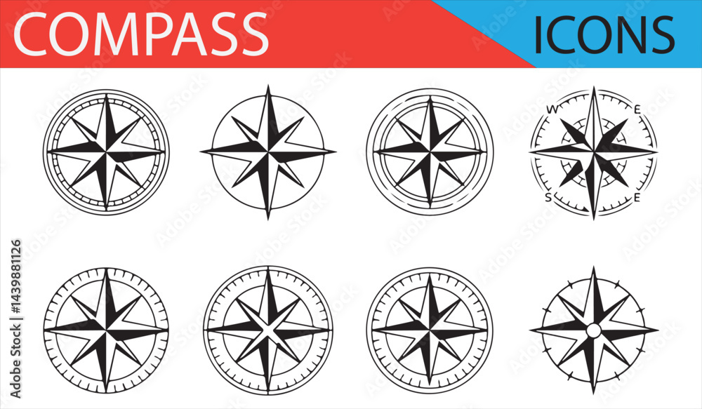 Fototapeta premium Multiple Compass Rose Icons for Exploration and Navigation Themes