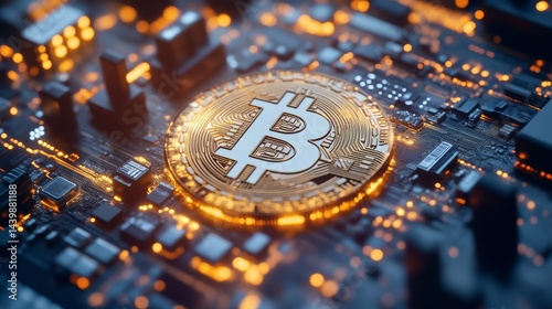 Bitcoin mining action in digital environment technology concept macro view