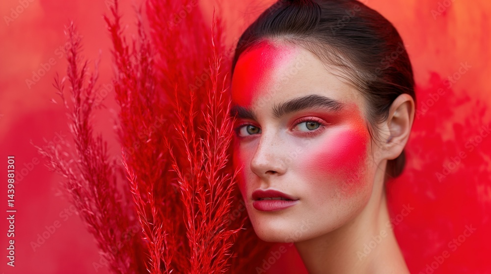 Bold portrait of woman with intense red blush and forehead makeup image closeup. Crimson foliage, monochromatic aesthetic close-up photography. Artistic fashion concept photo-realistic