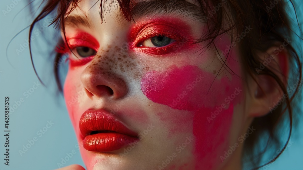 Freckled woman with expressive red pink eye and cheek makeup portrait image closeup. Vivid blush, glam gaze close-up photography human. Bold artistic fashion concept photo-realistic