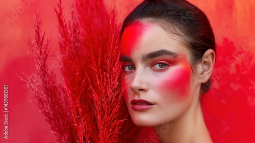 Obraz na płótnie Bold portrait of woman with intense red blush and forehead makeup image closeup. Crimson foliage, monochromatic aesthetic close-up photography. Artistic fashion concept photo-realistic w salonie
