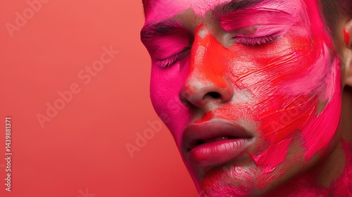 Obraz na płótnie Male model face covered in textured neon pink red paint portrait image closeup. Closed eyes makeup close-up photography human scene. Bold artistic fashion concept photo-realistic w salonie