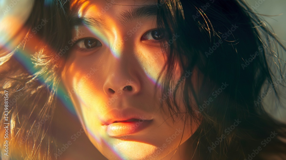 Radiant glance through rainbow light portrait image closeup. Warm spectrum asian male. Prism colors gaze close-up photography human scene. Dreamy expression concept photo-realistic