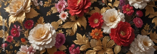 Opulent floral wallpaper, gold leaf accents, vibrant blooms, baroque, vibrant