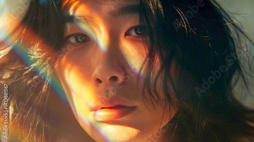 Radiant glance through rainbow light portrait image closeup. Warm spectrum asian male. Prism colors gaze close-up photography human scene. Dreamy expression concept photo-realistic