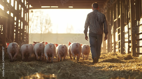 A farmer walking through a barn with pigs at sunset