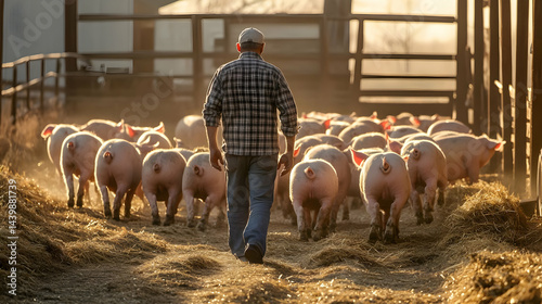 A farmer walks through his pig herd at sunset The animals are moving towards the barn in a rural setting