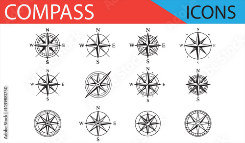 Geographic Compass Icons with Directional Markers for Cartography