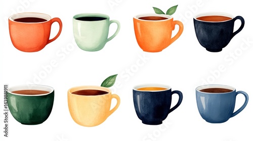 Watercolor Illustrations of Various Tea Varieties in Colorful Teacups and Mugs Displayed in Artistic Arrangement