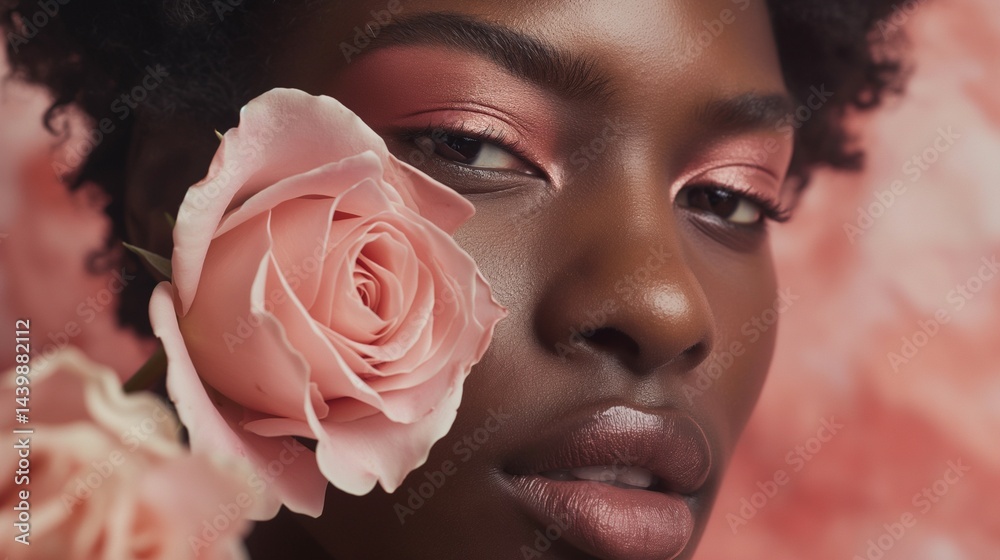 Elegant black woman with pink eyeshadow and blush rose portrait image closeup. Romantic floral african american face close-up photography human. Beauty fashion concept photo-realistic