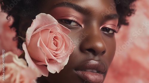 Obraz na płótnie Elegant black woman with pink eyeshadow and blush rose portrait image closeup. Romantic floral african american face close-up photography human. Beauty fashion concept photo-realistic w salonie