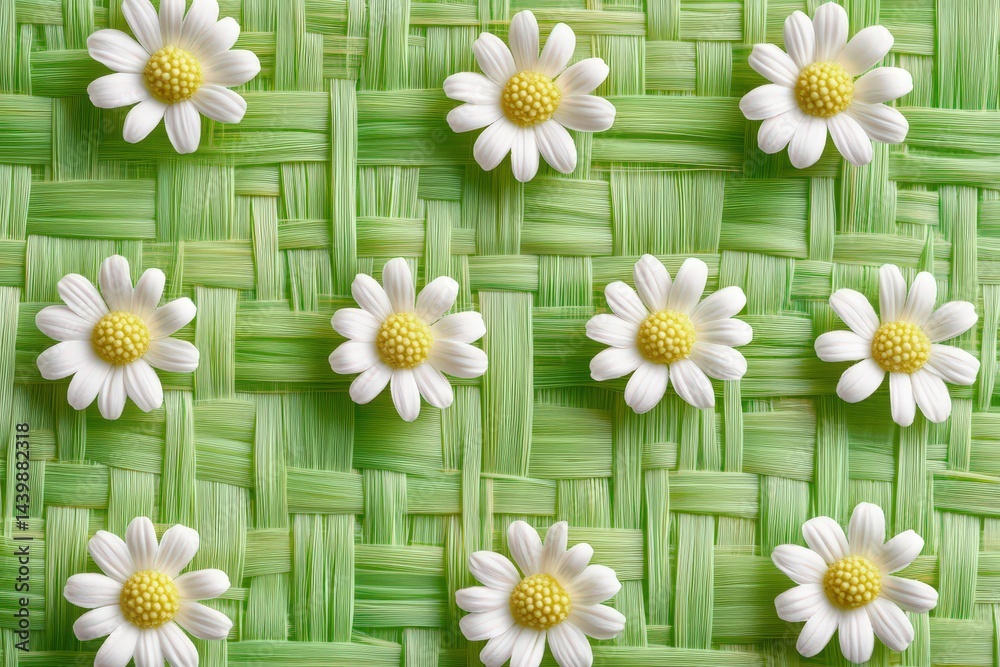 Obraz premium A springtime pattern of small white daisies on woven green material.