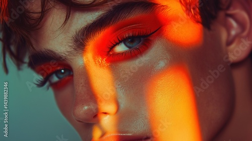 Obraz na płótnie Orange-red eye makeup and shadows cast by warm lighting portrait image closeup. Female piercing look. Expressive gaze close-up photography human scene. Fashion concept photo-realistic w salonie