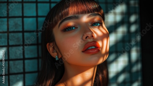 Patterned shadows on female face portrait image closeup. Stylish woman with bold lipstick and shimmering eyeshadow close-up photography. Hopeful feminine concept photo-realistic