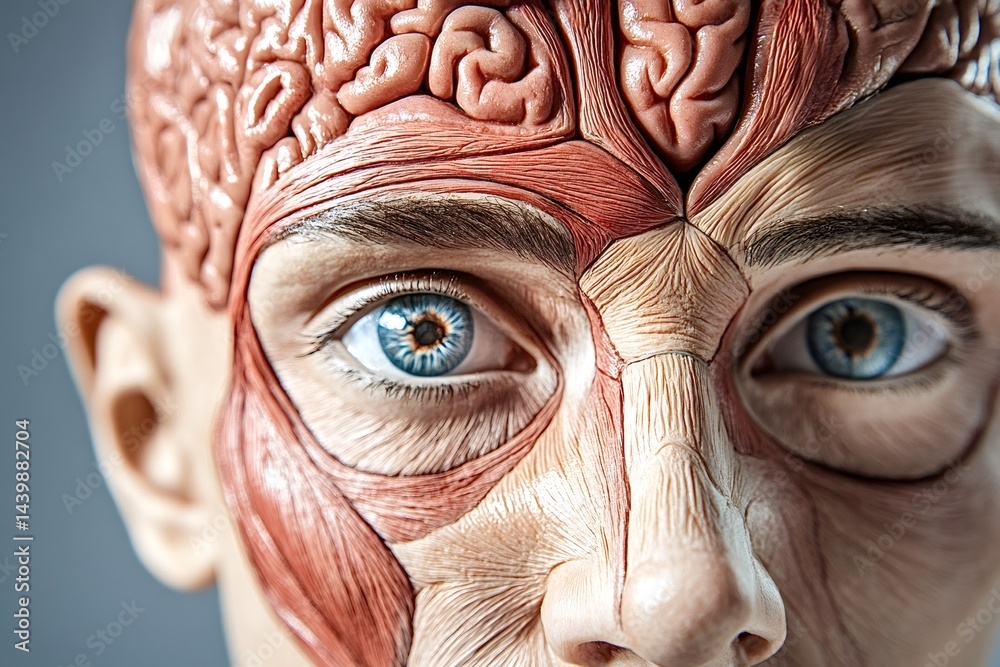 Anatomical model revealing the intricate network of muscles in the human face and the brain, providing insights into the complex structure of the head