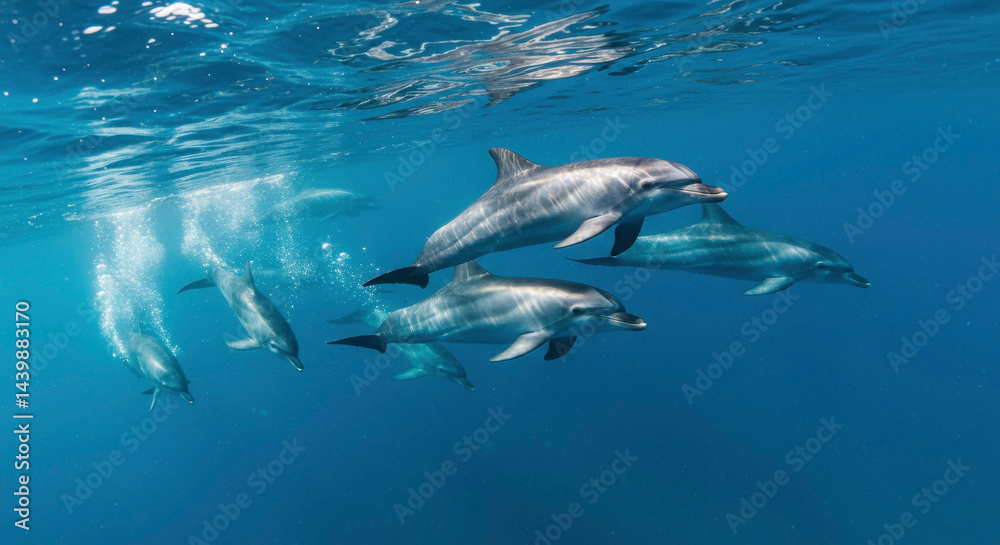 Fototapeta premium Group of dolphins swimming joyfully underwater in clear blue ocean waters 