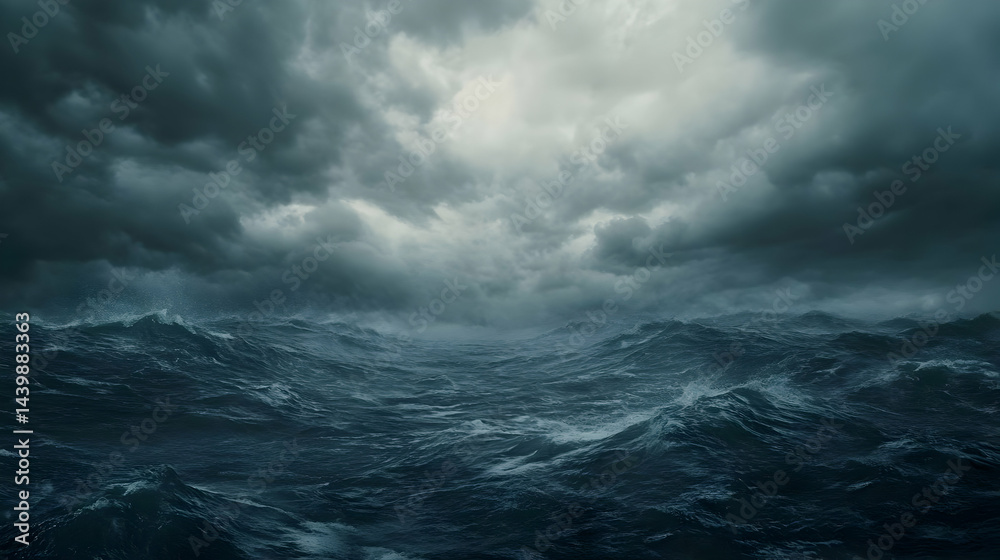 Naklejka premium Dramatic Stormy Sea Landscape: Dark Clouds and Turbulent Waves